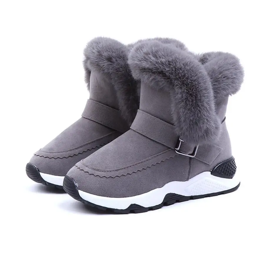 winter children's plush warm snow boots casual boys non-slip Martin boots fashion girls thicker leather sport shoes - Цвет: Серый