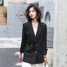 Women's business suit jacket Casual autumn double breasted jacket Temperament long sleeve striped blazer Office top 2019