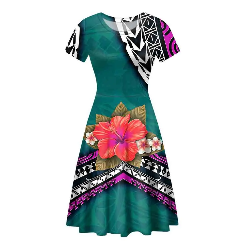 

Cumagical Women Suitable Elegant Short Sleeve Polynesian Dress Ladies O-neck Tribal Female Pleated Dress Present For Girls