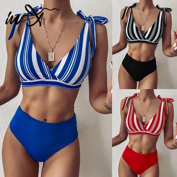 

In-X Retro high waist bikini 2020 Sexy striped swimsuit female knotted swimwear women bathers Push up biquinis bathing suit new