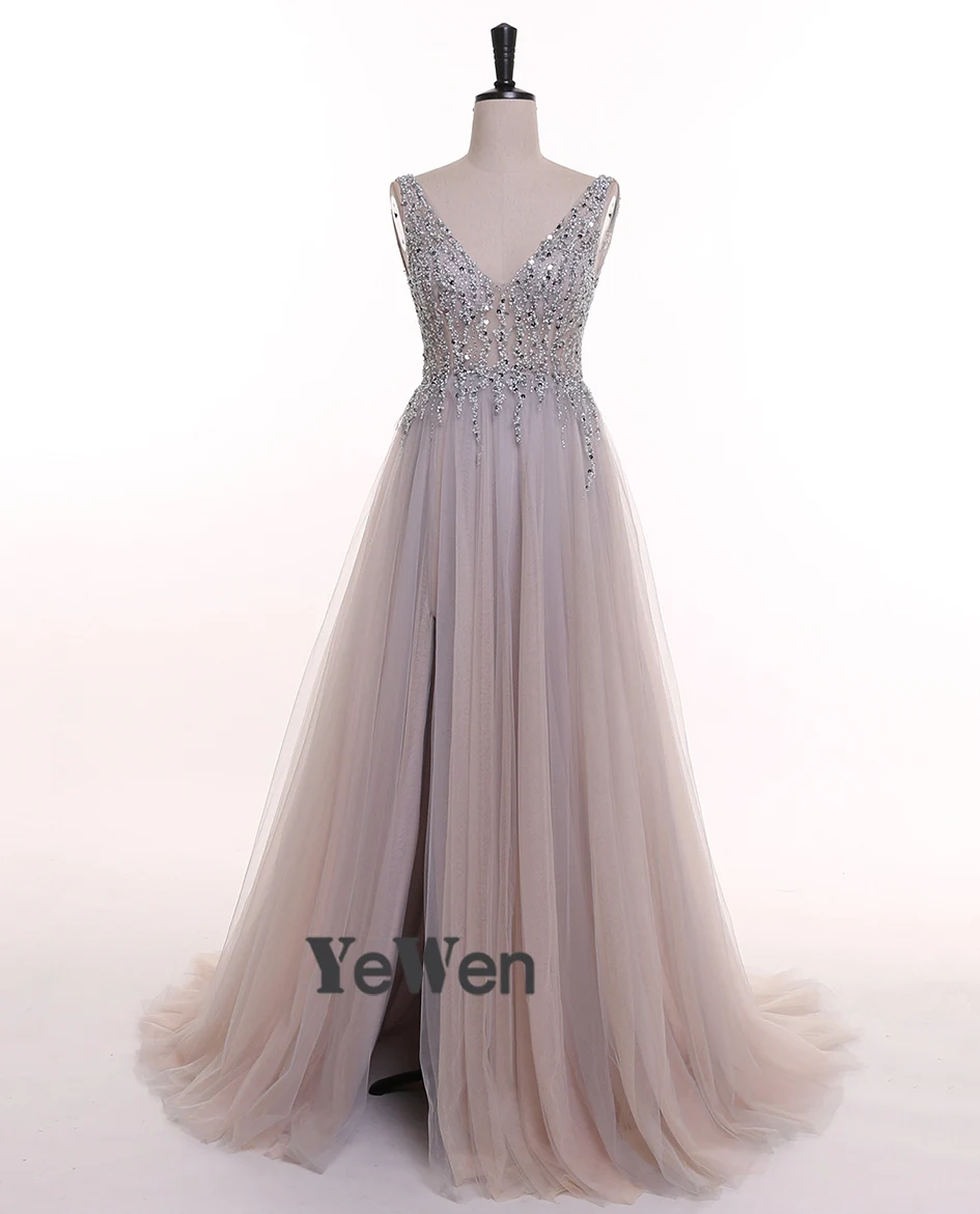 Серое вечернее платье с v-образным вырезом, Длинные вечерние платья с кристаллами и бисером, вечернее платье для выпускного вечера 2019