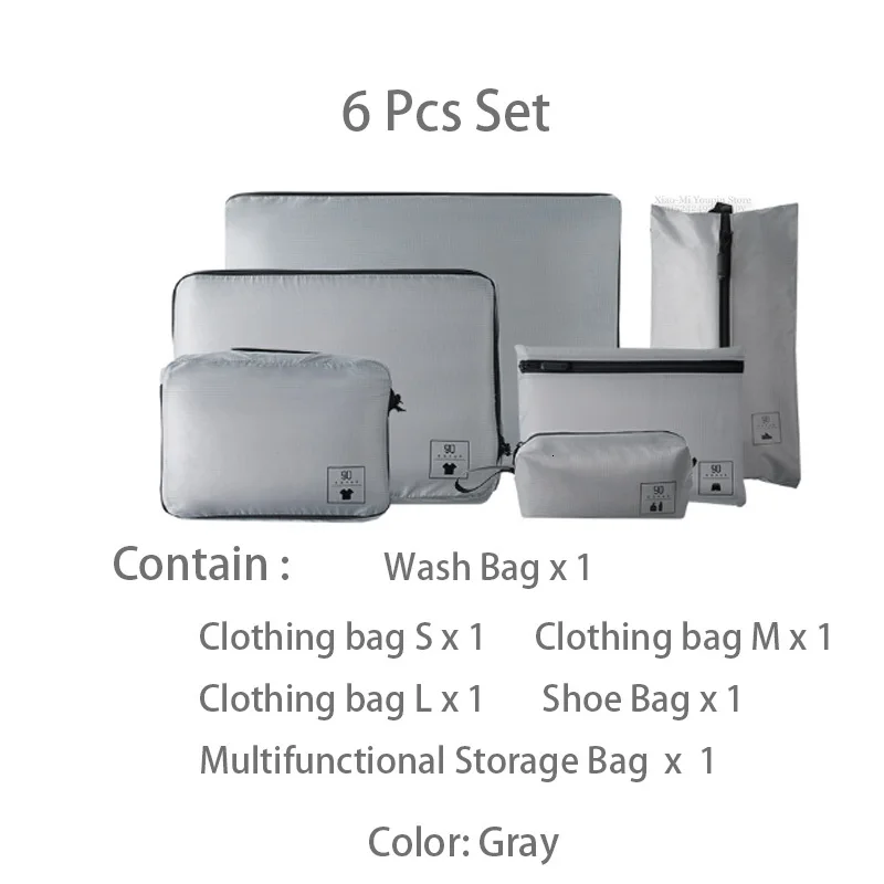 6pcs grey Xiaomi Mijia 90 сумка для хранения водонепроницаемый устойчивый к пятнам складной органайзер для одежды, обуви, нижнего белья дорожная сумка 6 шт. в упаковке - Цвет: 6pcs grey