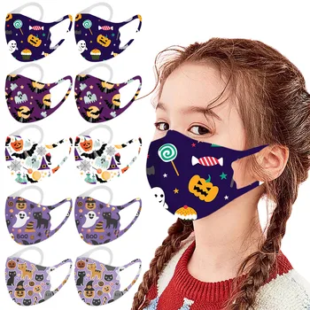 

10pc Children's Halloween Mouth Mask Mascarillas Adjustable Windproof Dustproof Reusable Printed Breathable Face Mask Cover