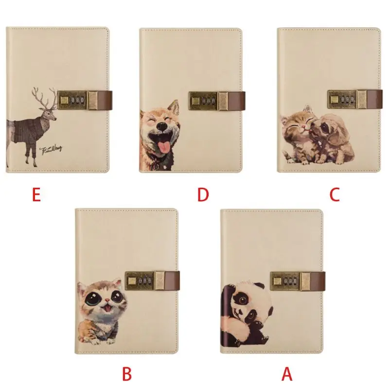 

B6 Travel Notebook with Combination Lock Faux Leather Animals Diary Journal Notepad Pen Holder School Office Stationery