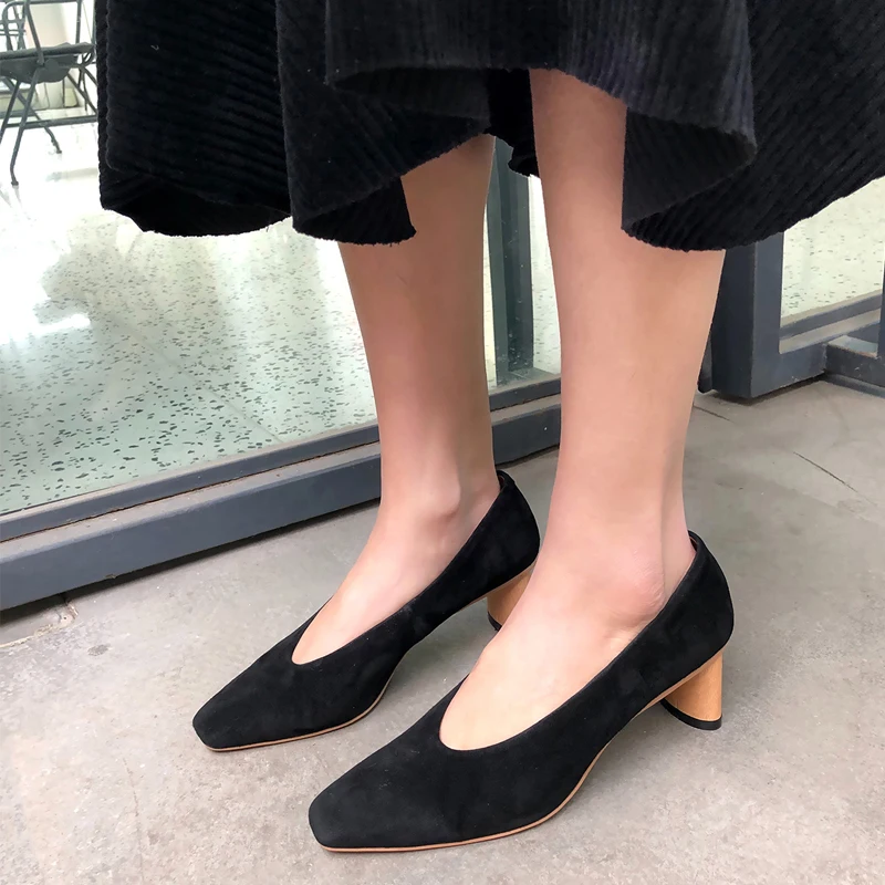 

Kid Suede Leather High Heels Black Green Apricot Color Women Pumps Fashion Square Toe Dress Wedding Lazy Ladies Shoes