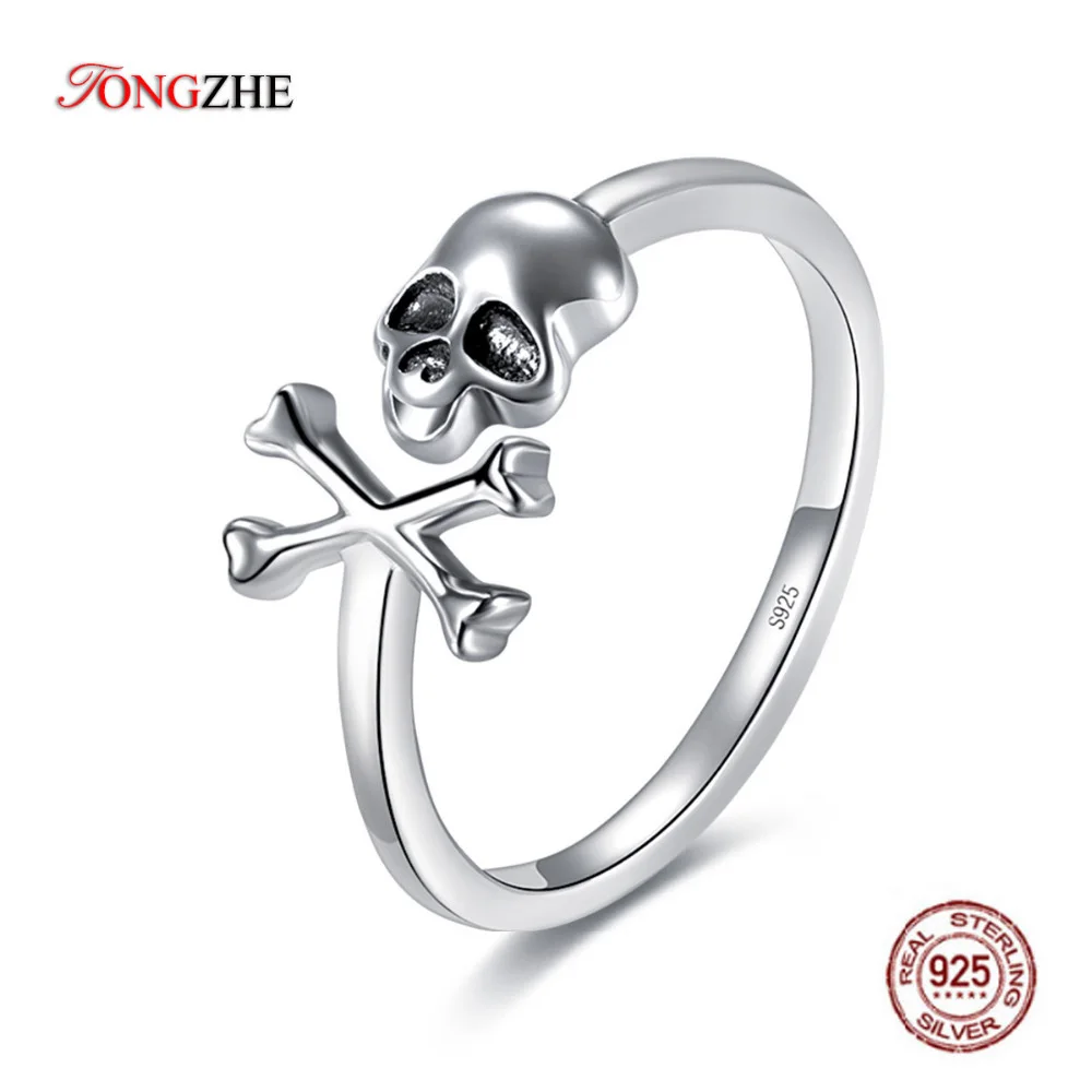 TONGZHE 925 Sterling Silver Skull Rings for Women Gothic Skeleton Vintage Costume Fine Jewelry Halloween Gift KLTR038-1 | Украшения и
