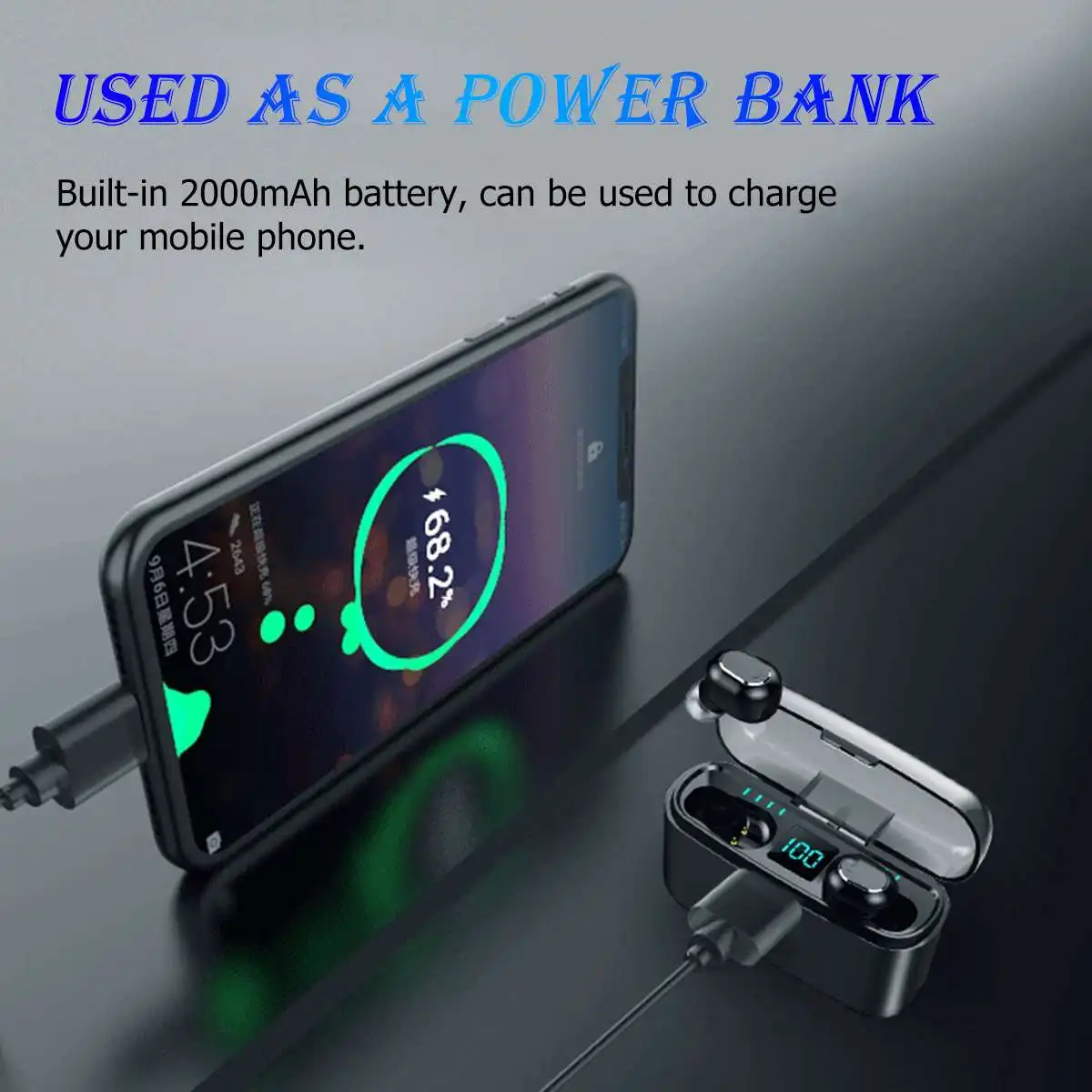 TWS Mini Wireless bluetooth Earphone LED Display Waterproof Auto Pair Headset with 2000mAh Power Bank Phone Holder