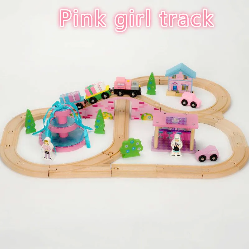 

New 59pcs Wooden Railway Train Pink Girl Train Track Gift Toys For Children Track Toys For Kids Birthday Gift