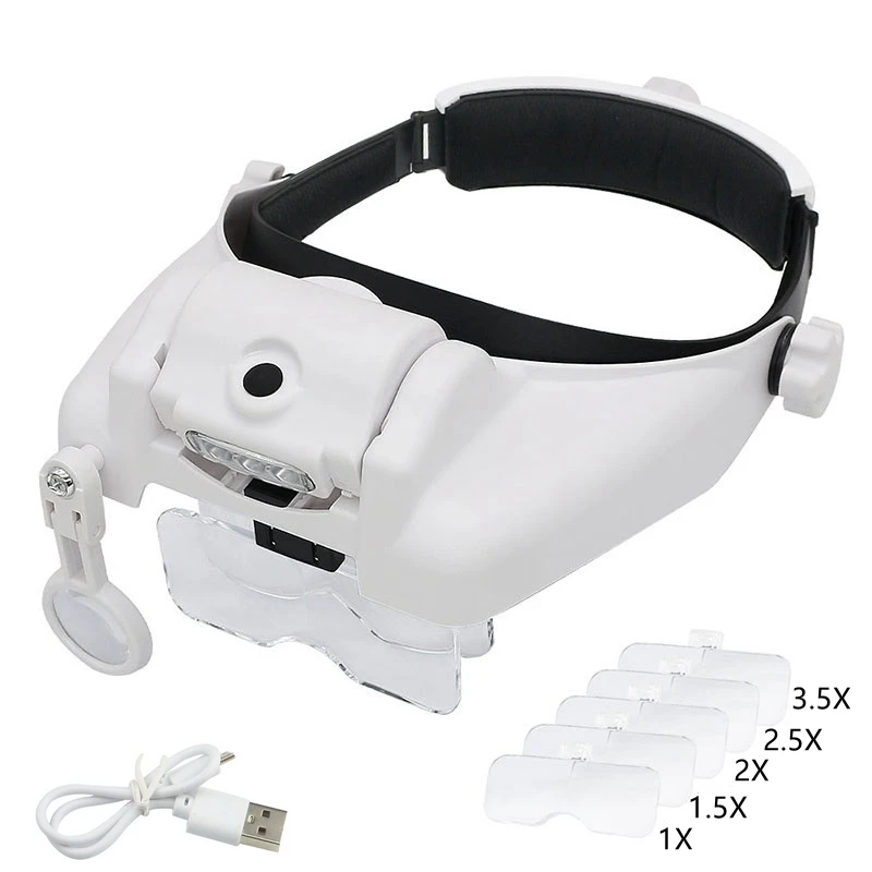 Head Mount Magnifier Glasses with 4 LED Light Wearable Magnifier 1X 1.5X  2.0 X 2.5X 3.5X Lluminated Magnifier for Reading Repair - AliExpress