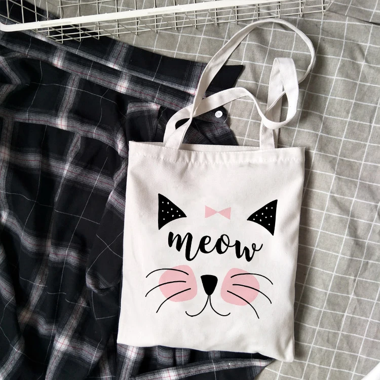 Модная Холщовая Сумка Meow Cat для женщин и девочек, простая вместительная сумка для хранения, сумка на плечо, многоразовая Студенческая сумка для книг