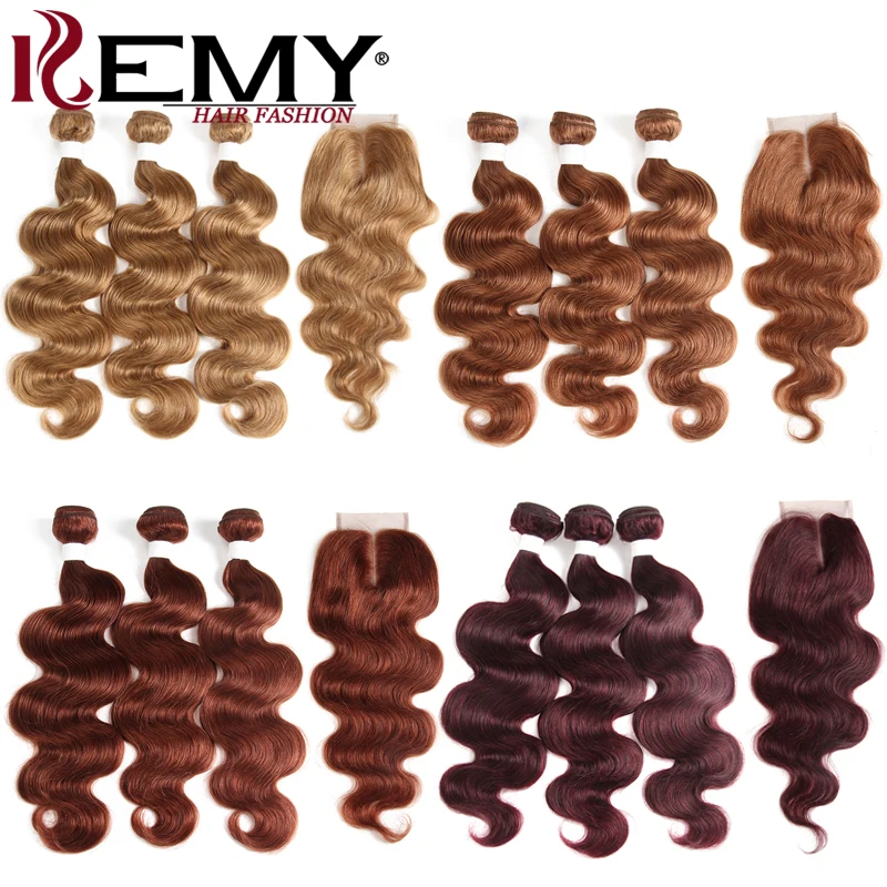Body Wave 3 Bundles With Closure 4x4 Brazilian Pre-Colored Human Hair Bundles With Closure Non-Remy Human Hair Extension KEMY