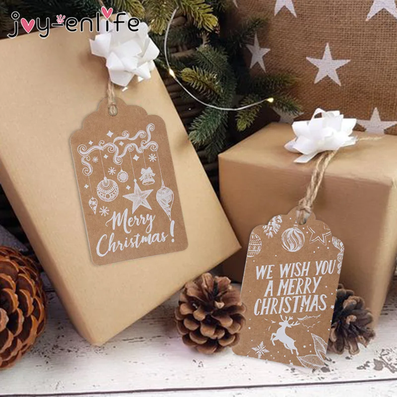 50pcs Christmas Paper Gift Label Tag Santa Claus Snowman Tree Xmas Candy Packaging Merry Kraft Tags | Дом и сад