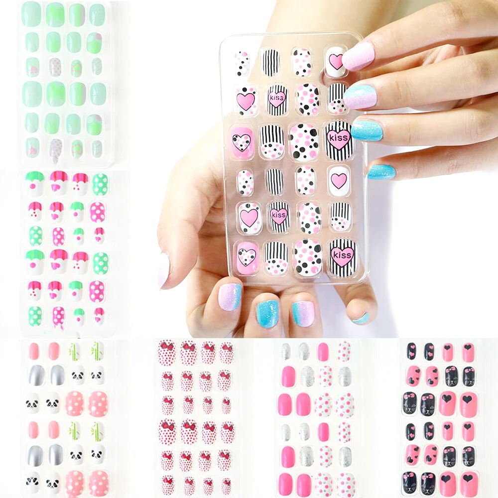 

24PCS-24 Styles Candy Cartoon Press On False Nail Tips Full Cover Kids Fake Nails Glue On For Children Girls Manicuring @C1001-2
