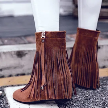 

2021 For Dropship Wholesale Internal Increased Heels Large Sizes 43 Retro Fringes Winter Shoes Women Tassels Boots Female