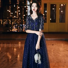 AE649 темно-синее длинное вечернее платье с v-образным вырезом, блестящее вечернее платье с блестками, вечерние платья для выпускного вечера, Robe De Soiree