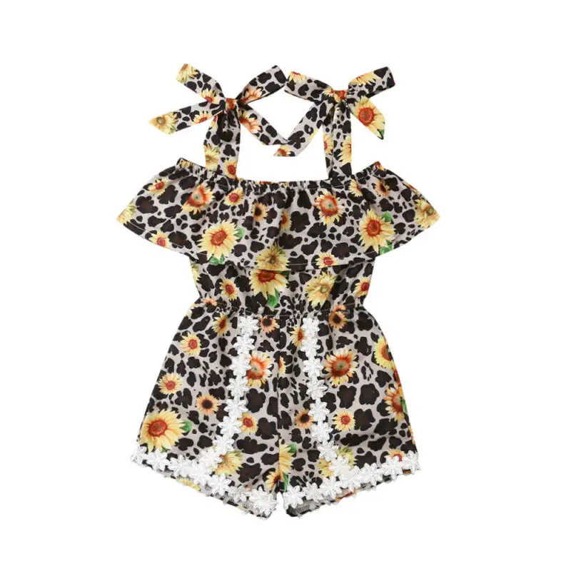 

Summer Leopard Rompers Toddler Baby Girl Clothes Ruffle Sunflowers Print Off Shoulder Romper Jumpsuit Outfits