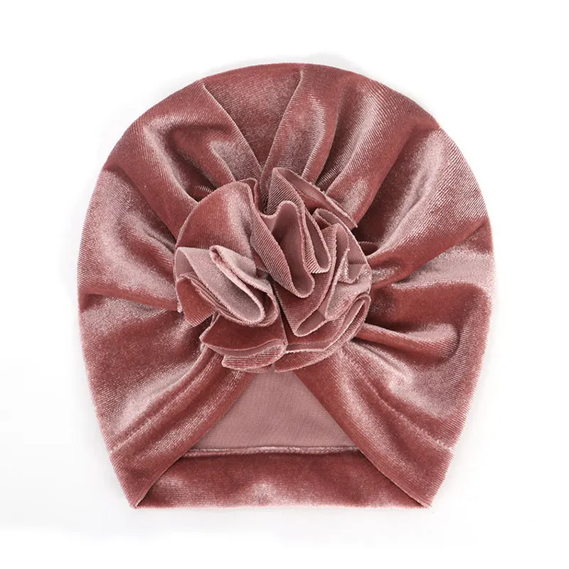 Dark Pink Разноцветная детская Золотая Бархатная вязаная плиссированная Цветочная головной убор в индийском стиле, зимняя однотонная шляпа для новорожденных, широкий берет-Боб для девочек и мальчиков - Цвет: Dark Pink