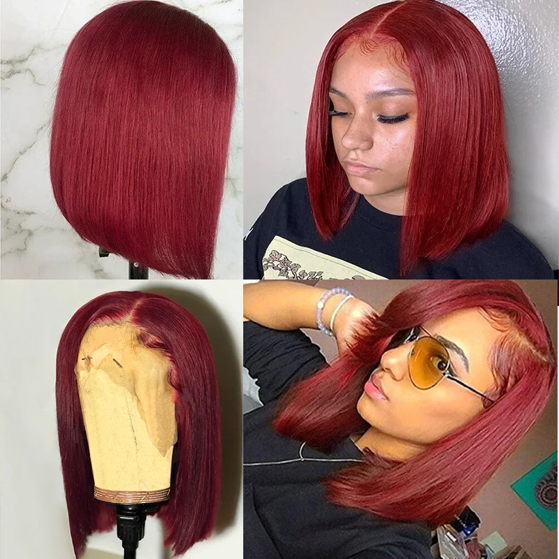 Brazilian Straight Hair Remy Red 99J Bob Wigs 150 13X4 Lace Front Wig With Baby Hair Pre Plucked Short Human Hair Wigs Remyblue