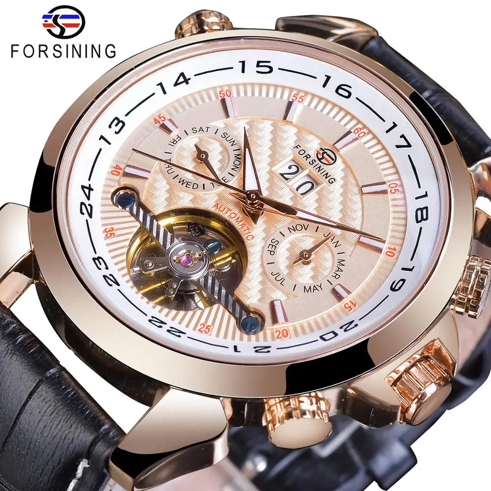 Механические часы Forsining Rose Golden Tourbillon, Классические Автоматические часы со скелетом и датой, мужские часы из натуральной кожи, Reloj Hombre - Цвет: GMT984-8