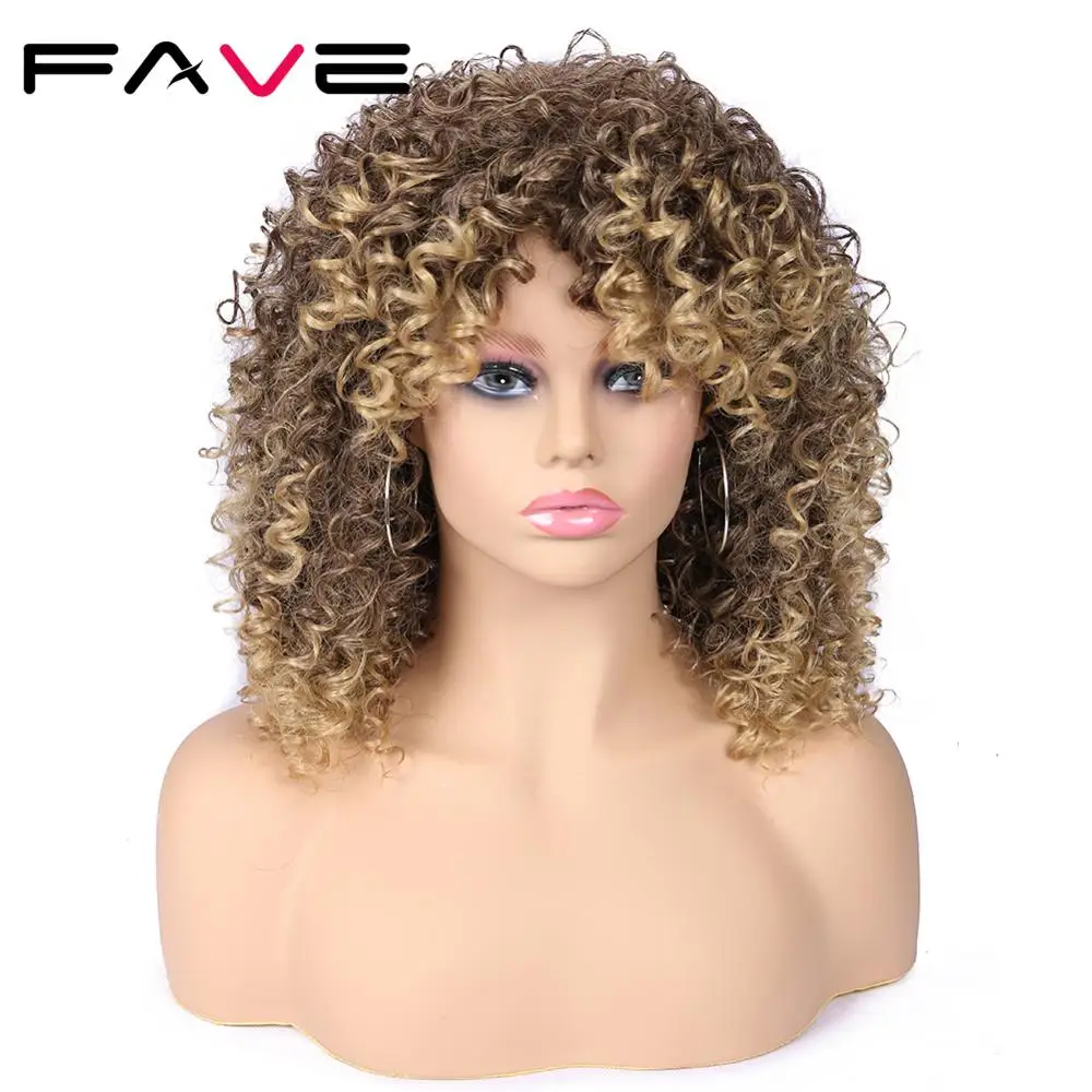 FAVE Afro Kinky Curly Wig With Bangs Synthetic Wigs Heat Resistant Fiber Ombre Dark Light Brown Gradient Color For Black Women