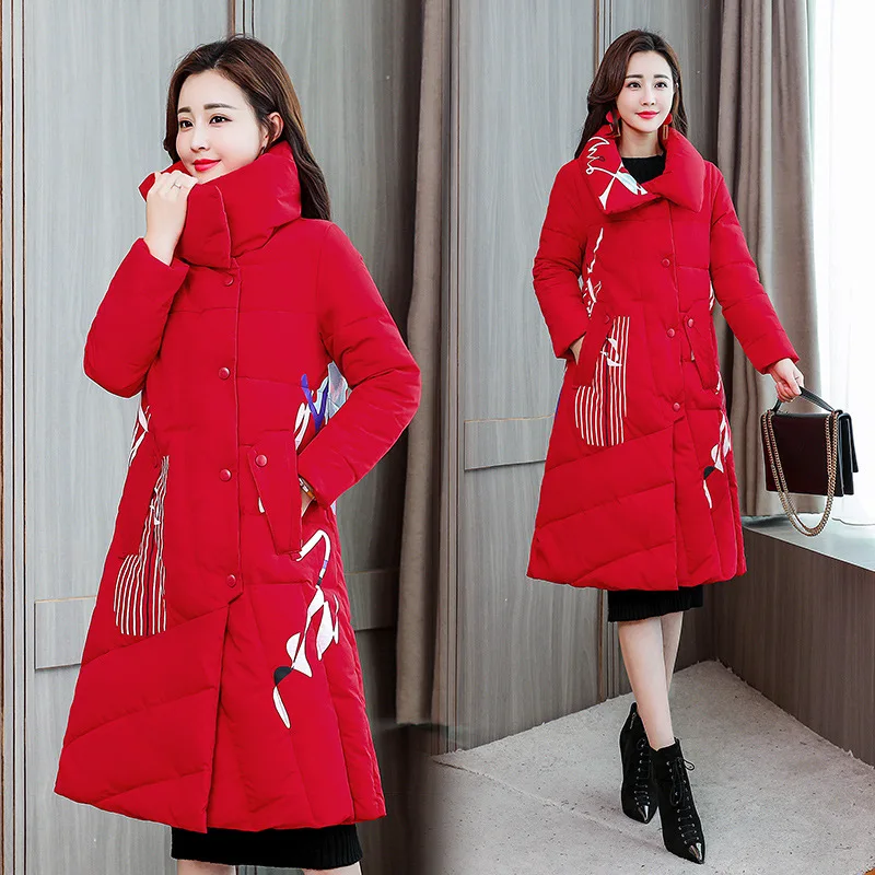 

Printed Cotton-padded Clothes Women's Mid-length over-the-Knee 2019 Winter New Style Korean-style Slimming Warm Cotton Coat Fash