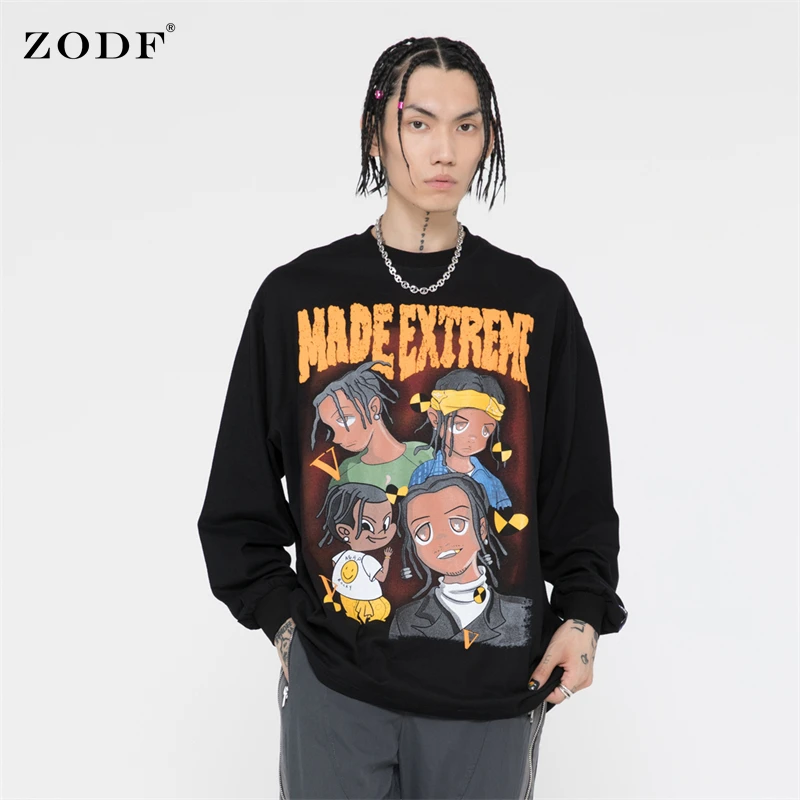 ZODF Chic 2021 Autumn Men's Hip Hop Oversized T Shirts Y2K Cartoon Foaming Printing Full Sleeve T-Shirt Brand Tees HY0212 | Мужская