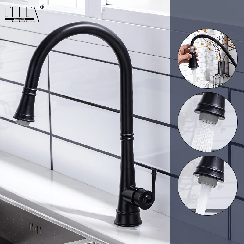 

ELLEN Kitchen Faucets Pull Out Kitchen Mixer Tap Black Hot Cold Water Mixer Tap Swivel 360 Degree ELK5416