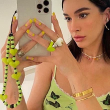 

New Colorful Acrylic Bead Heart Mobile Phone Chain Cellphone Charm Phone Strap Anti-lost Lanyard For Women Summer Accessories