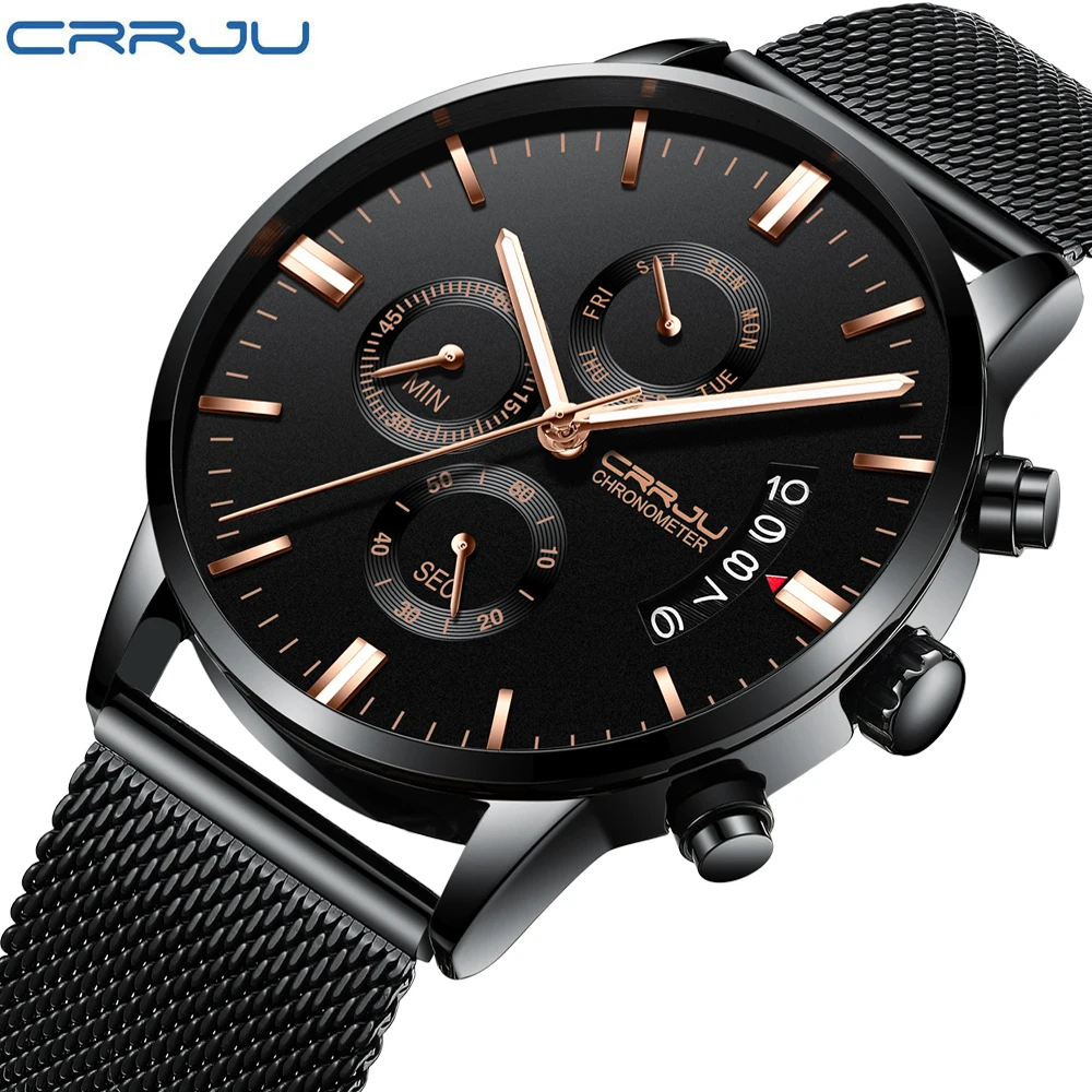 

CRRJU Fashion Watch Men 6-pin Waterproof Stainless Auto Date Calendar Black Luminous Dial Sport Wristwatch Luxury Relojes
