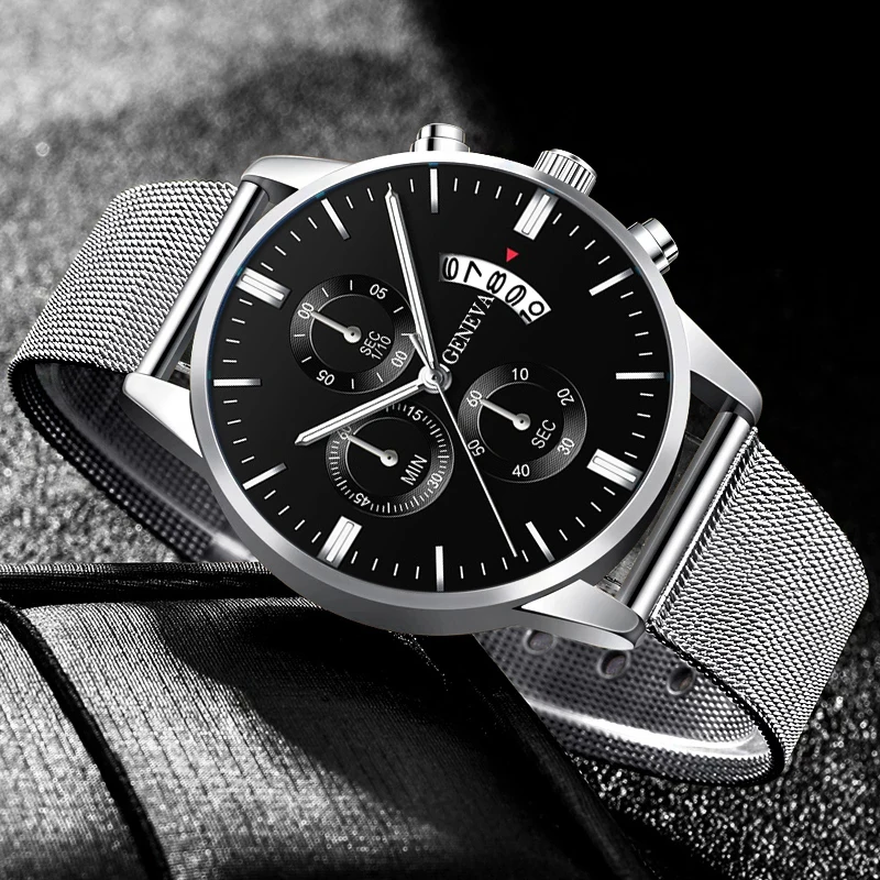 2022 Mens Fashion Business Calendar Watches for Men Luxury Stainless Steel Mesh Belt Analog Quartz Wrist Watch relogio masculino 4