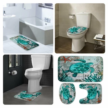 

3PCS Sea Turtle Bathroom Polyester Non Slip Toilet Lid Cover U Shape Rug Mats Decor Set Mats Bathroom