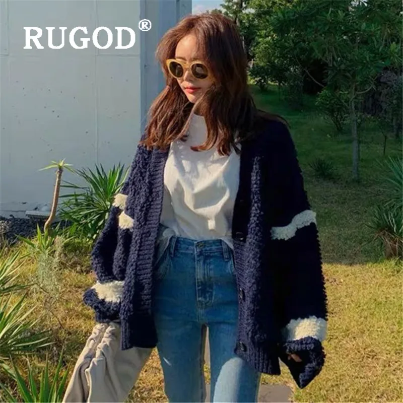 RUGOD, элегантный, пушистый, овечья шерсть, кардиган, для женщин, модный, контрастный цвет, рукав "летучая мышь", толстый свитер, Осень-зима, кардиган для женщин