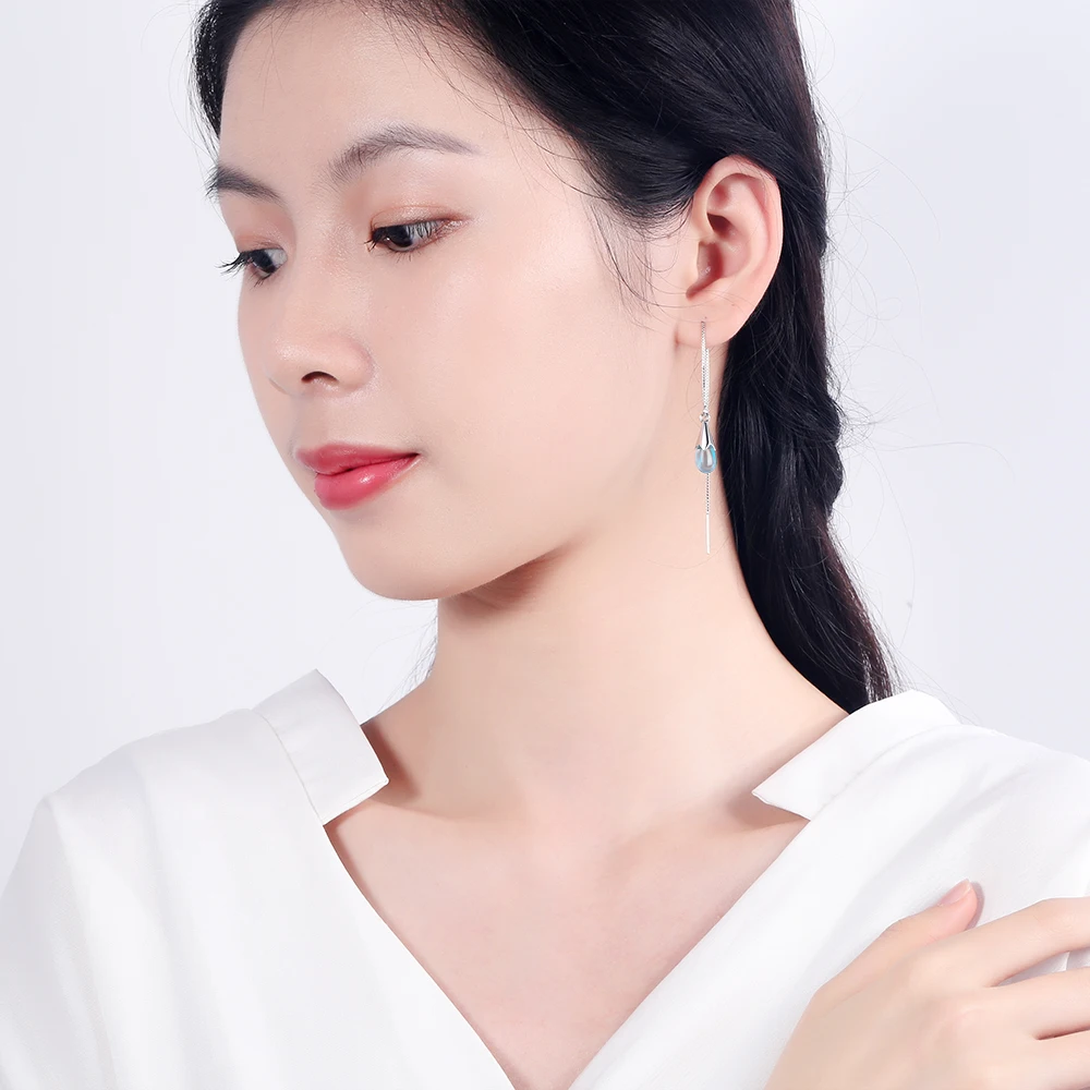 여성용 리얼 블루 크리스탈 물방울 귀걸이, , 롱 태슬 귀걸이, 체인 S-E665, 신제품