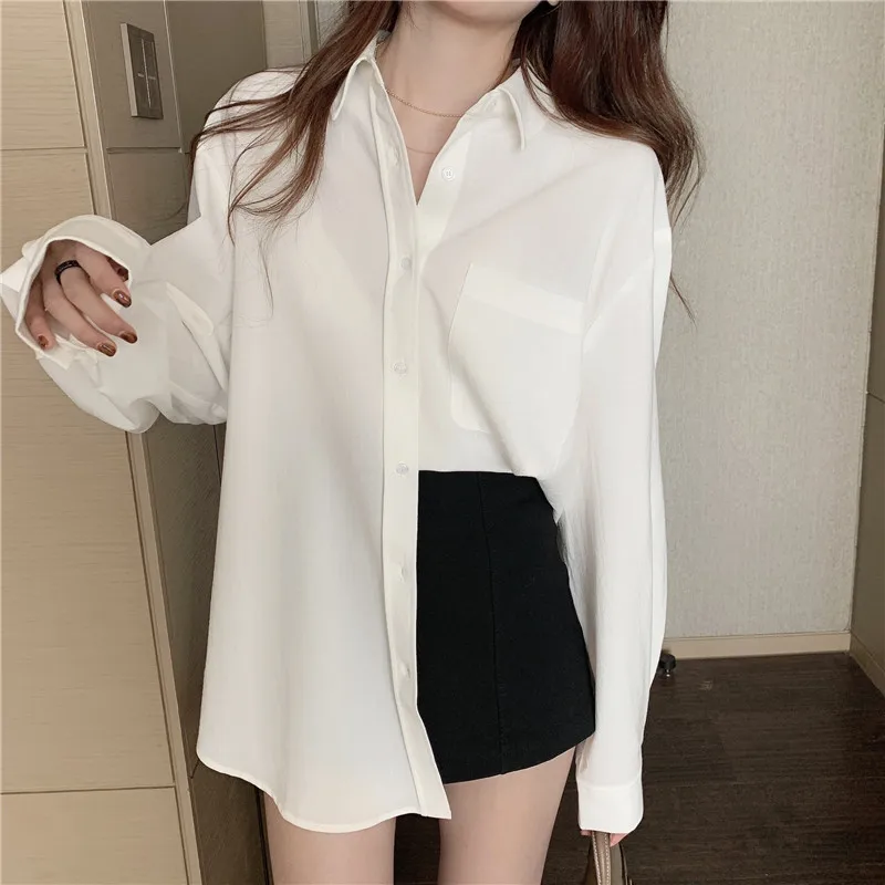 

Harajuku Shirt Solid Color Casual Shirt Women's Thin Spring Autumn 2020 New with Long sleeves Pockets Loose Women Tops 218G