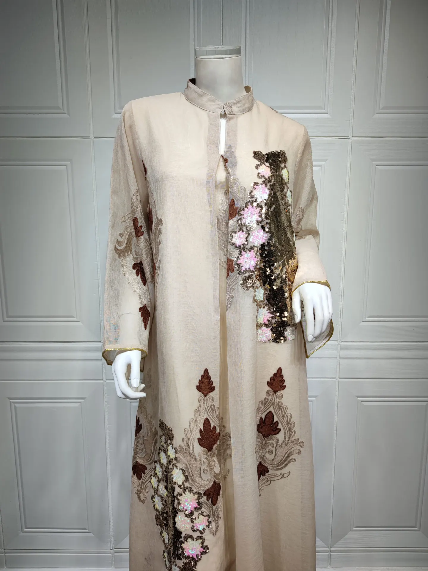 Mesh Sequins Embroidered Abaya Dress for Women