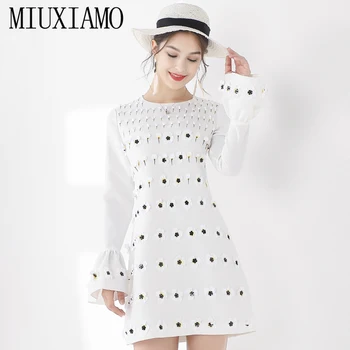 

MIUXIMAO Top Quality 2019 Newest Fashion Runway Fall Flare Dress Women Retro Full Sleeve Appliques Flower Vintage Dress vestidos