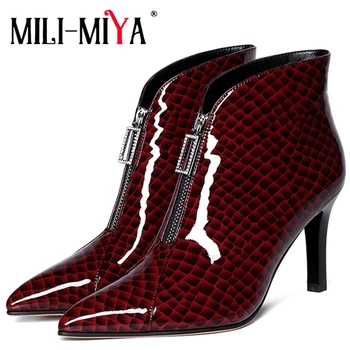

MILI-MIYA Sexy Pointed Toe Middle Zipper Women Cow Leather Ankle Boots Thick Heels Solid Color Size 34-39 Handmade For Ladies
