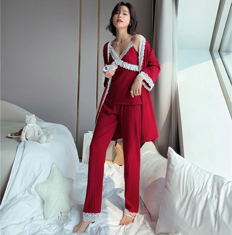 Розовая Женская кружевная Домашняя одежда пижамы с v образным вырезом 3 шт. топ на