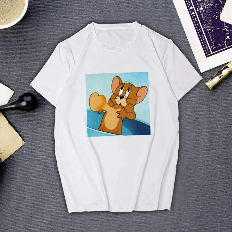 

WVIOCE New Summer Fashion Cat Mouse Women T Shirt Harajuku Short Sleeve Funny T-Shirt Cute Cartoon Printed Top Female Tees