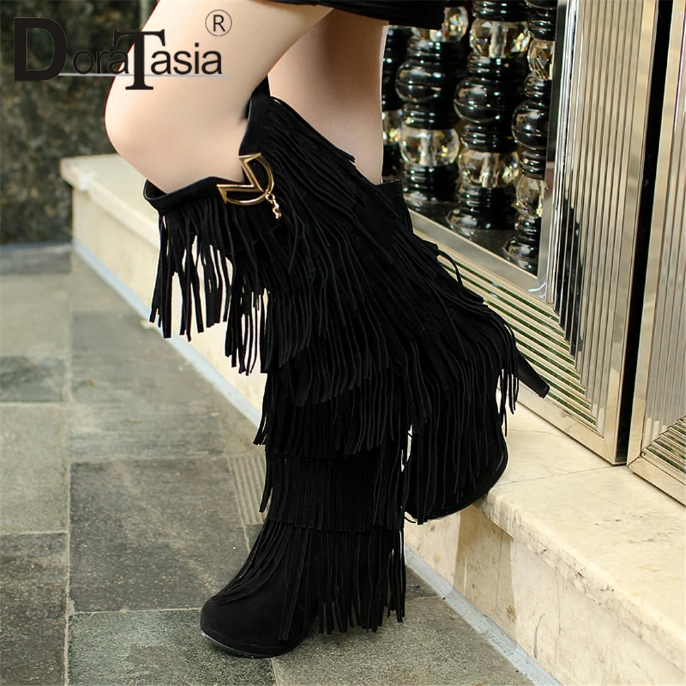 

DORATASIA New Large 33-43 Fashion Fringe Boots Ladies High Heels Shoes Woman Party Sexy Autumn Winter Knee High Boots Women 2019