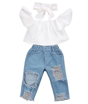 

2019 New Fashion Children Girls Clothes Off shoulder Crop Tops White+ Hole Denim Pant Jean Headband 3PCS Toddler Kids Clothing