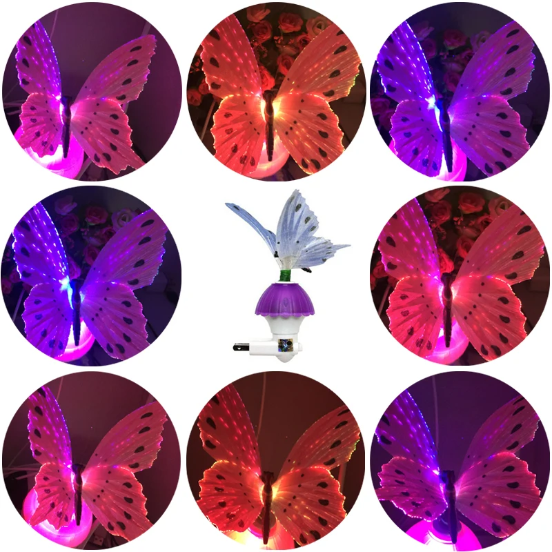 Fiber Optic LED Butterfly Night Light EUUS Plug Smart Light Sensor Color Changeable Night Lamp For Baby Kids Room Deco 110-220V (1)