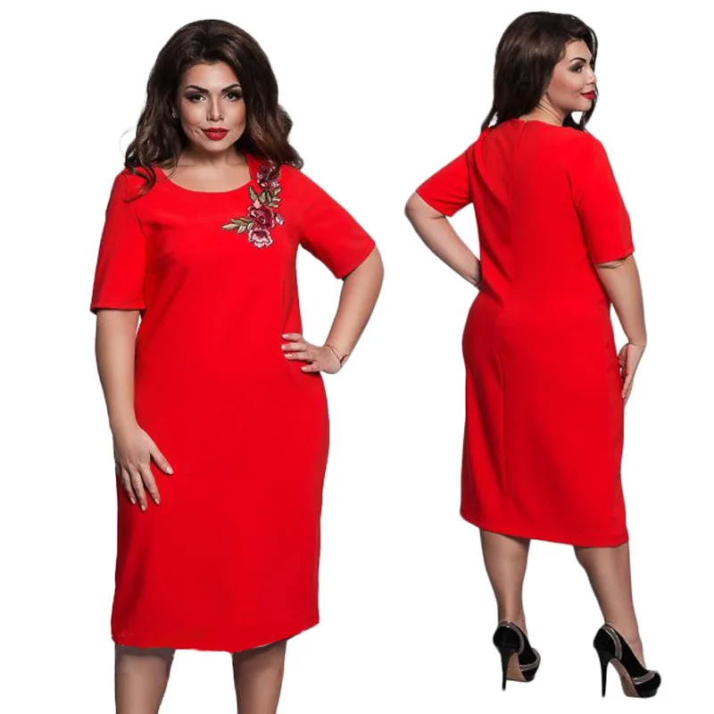 Elegant Embroidery Dresses 6XL Women Spring Summer Party Dress Plus Size Midi Straight Slim Red | Женская одежда