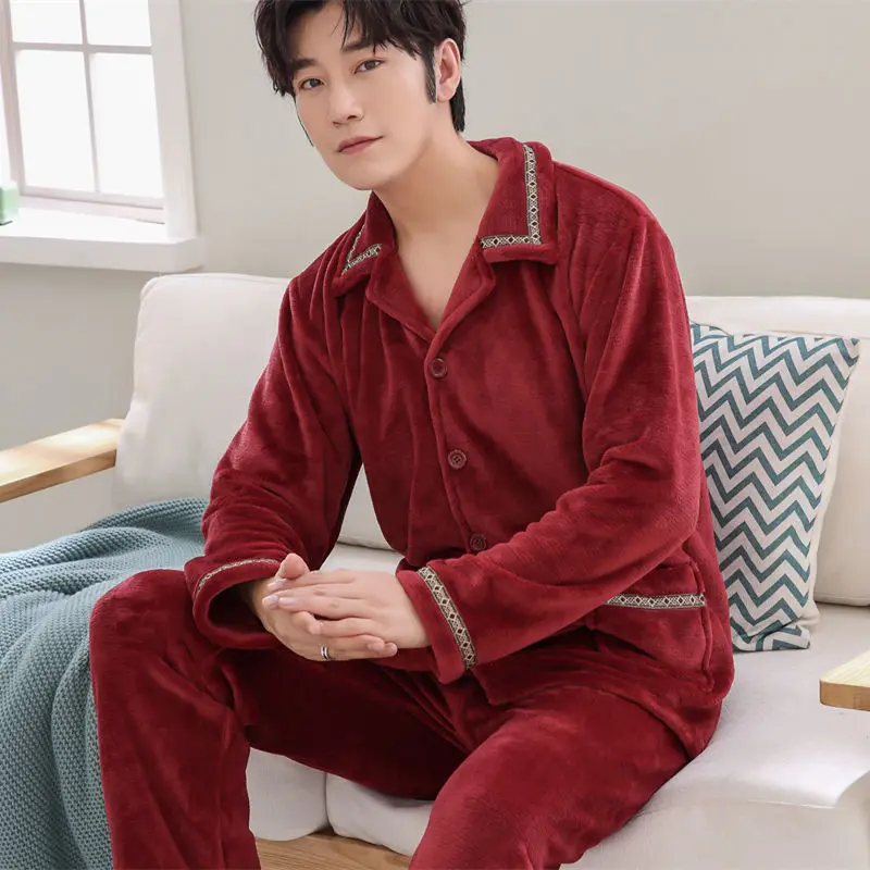 men pajamas winter Зимняя пижама с длинным рукавом, Фланелевая Пижама для мужчин размера плюс, одежда для сна, Повседневная Ночная рубашка, теплая Пижама для мужчин - Цвет: men pajamas winter