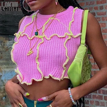 

LAISIYI Club Vogue Knitting Patchwork Tees Casual Loose O-neck Croptop Sleeveless Streetwear Girl Summer New Female Activity Top
