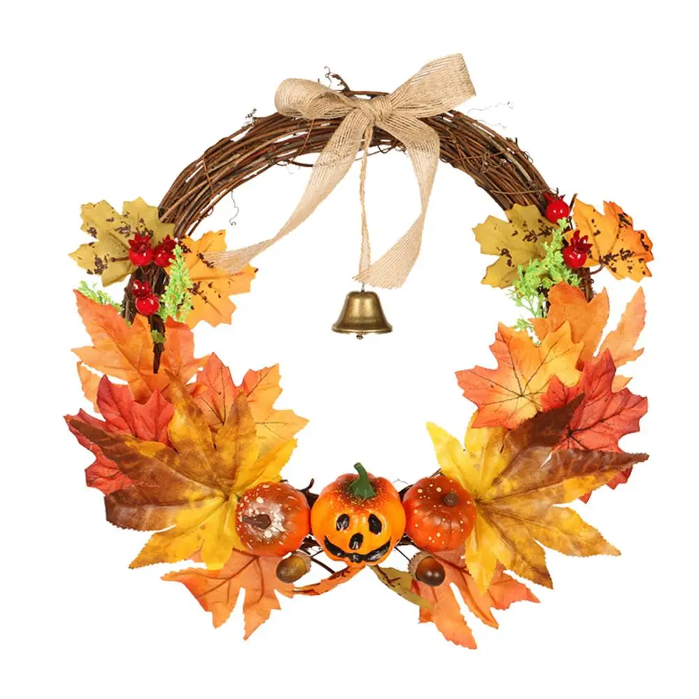 Halloween Wreath Garland Door Hanging Pumpkin Maple Leaf Bell Thanksgiving Decoration Linen Knot Wall Hanging Garland 30x30cm