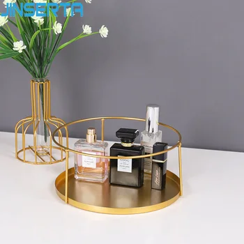 

JINSERTA Metal Storage Tray Jewelry Display Plate Cosmetic Organizer Iron Fruit Snack Cake Plate Luxury Gold Sundries Decor Tray