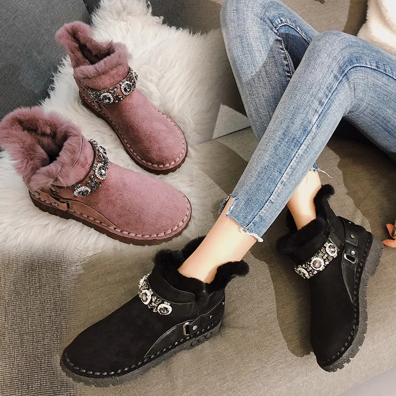 

Lace Up Lady Boots Flat Heel Bootee Woman 2019 Australia Low Heels booties Crystal Brand Women's Shoes Plush Round Toe Ladies