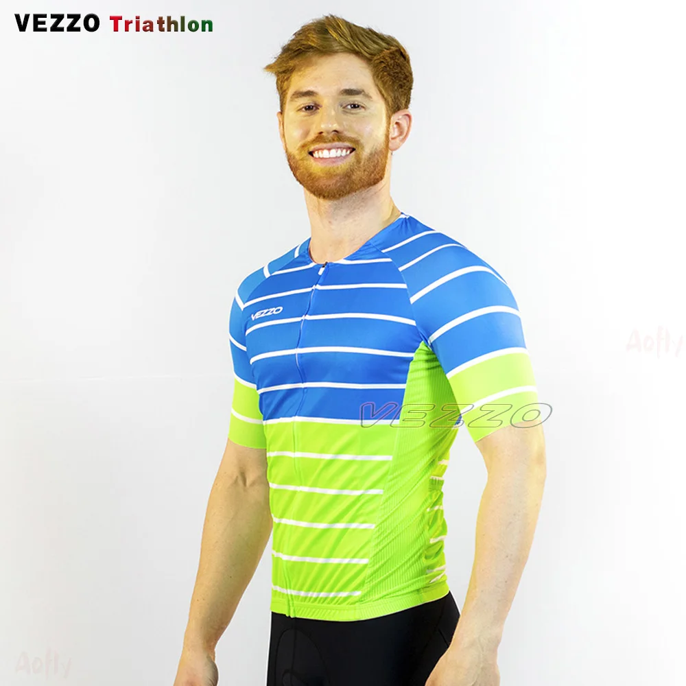 Мужская велосипедная рубашка Vezzo сине-зеленая с коротким рукавом быстросохнущая