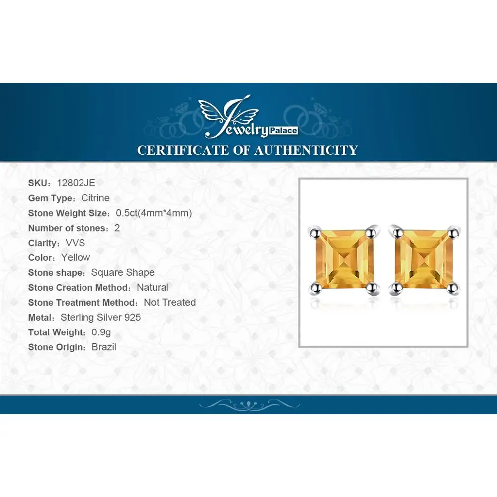 JewelryPalace квадратный натуральный цитрин серьги гвоздики 925 стерлингового серебра